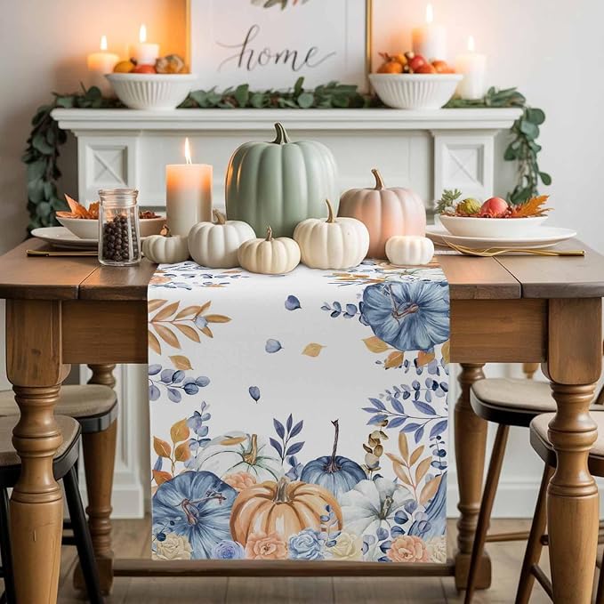 Blue Pumpkin Fall Table Runner 60 Inches Long, Thanksgiving Floral Eucalyptus - Image 2