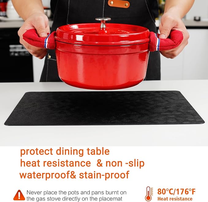Black Vinyl Placemats Set of 6 Waterproof Wipeable Table Mats | Heat Resistant - Image 4