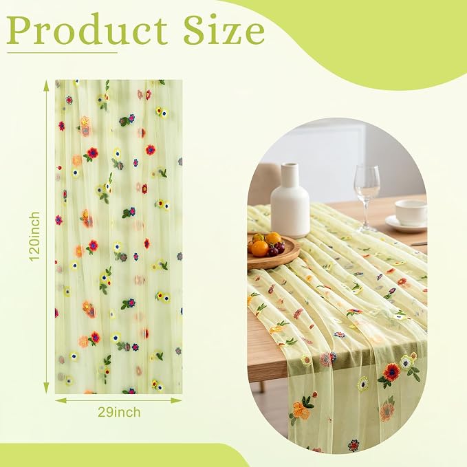 BINBE 3pcs Daisy Spring Table Runner Embroidery Gauze 10FT Florals Seasonal - Image 2