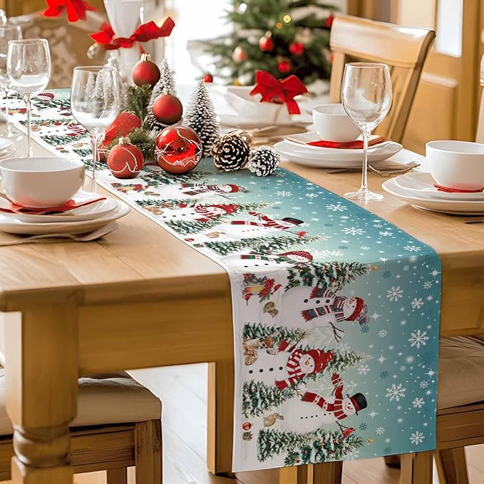 Teal Christmas Snowman Table Runner 108 Inches Long, Xmas Trees Snowflake Table - Image 9