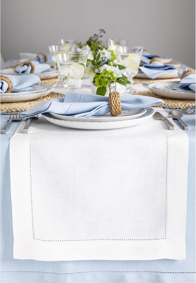 Solino Home 100% Linen Table Runner White, Classic Hemstitch 14 x 120 in | by SolinoHome