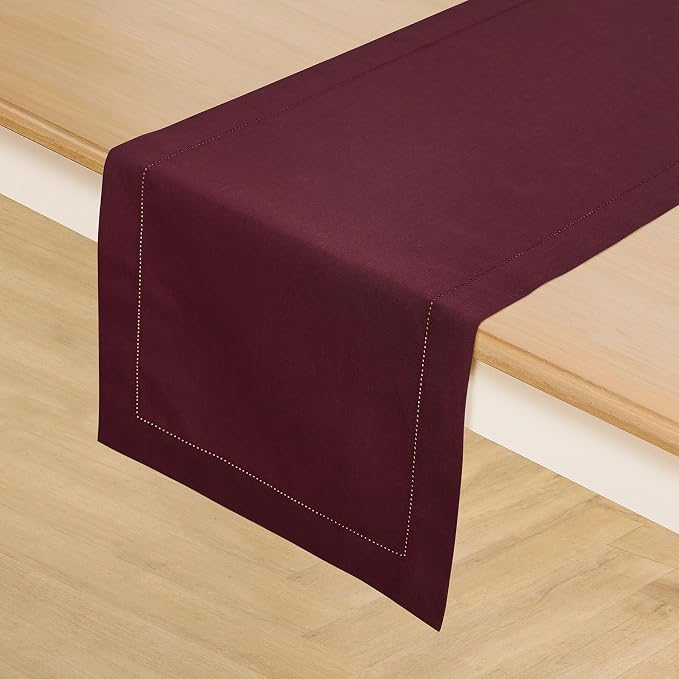 Solino Home Cotton Linen Table Runner Wine, Hemstitch Collection 14 x 90 in | - Image 2