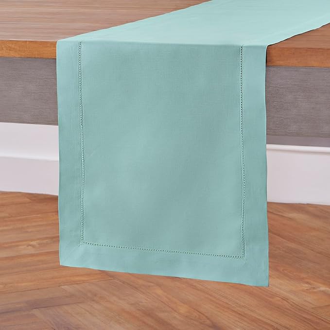 Solino Home Cotton Linen Dining Table Runner Pastel Turquoise, 14 x 60 in | - Image 2