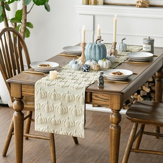 Artoid Mode Beige Soft Faux Fur Pumpkins Fall Table Runner 13x60 Inch | - Image 3