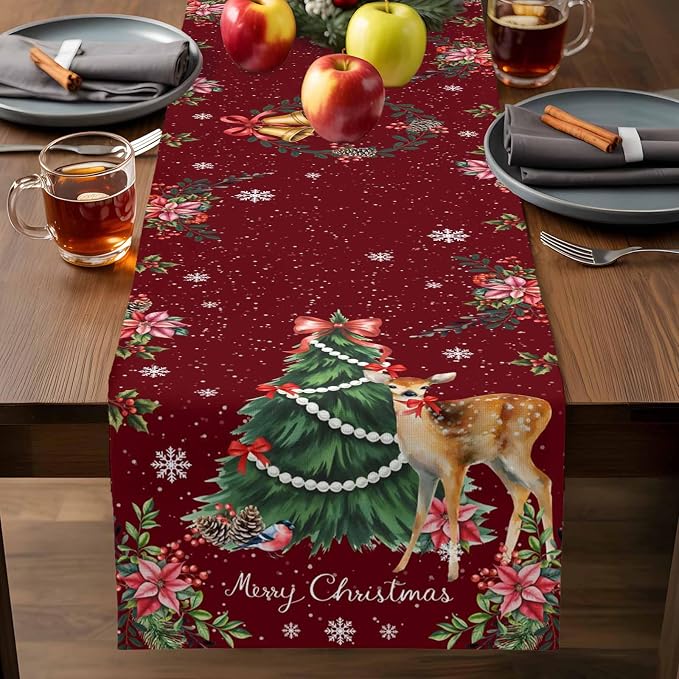 Christmas Reindeer Short Table Runners 36 Inches, Cotton Linen Fabric Red Table - Image 7