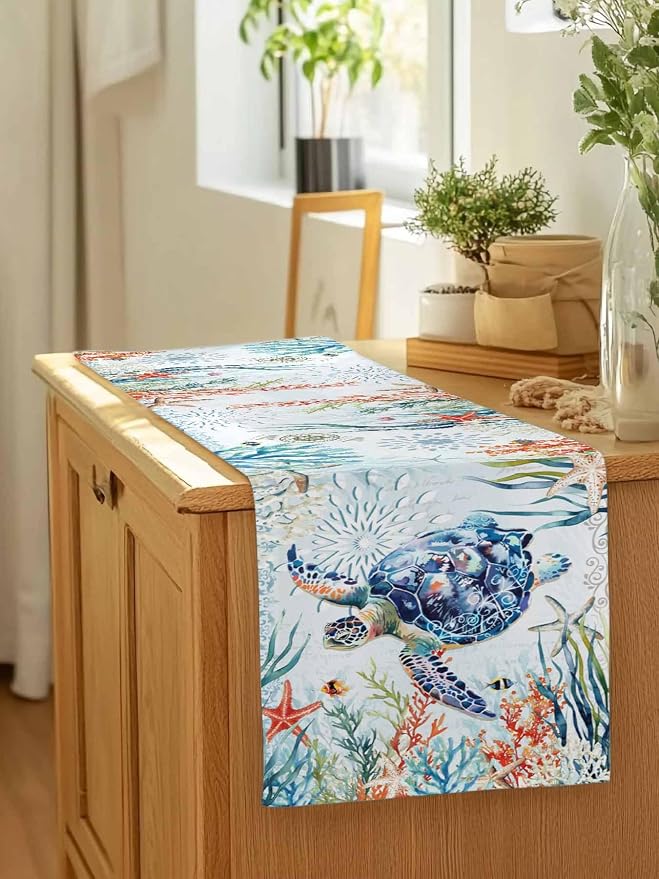 Sea Turtle Coastal Table Runners 90 Inches Long, Summer Beach Coral Table - Image 7