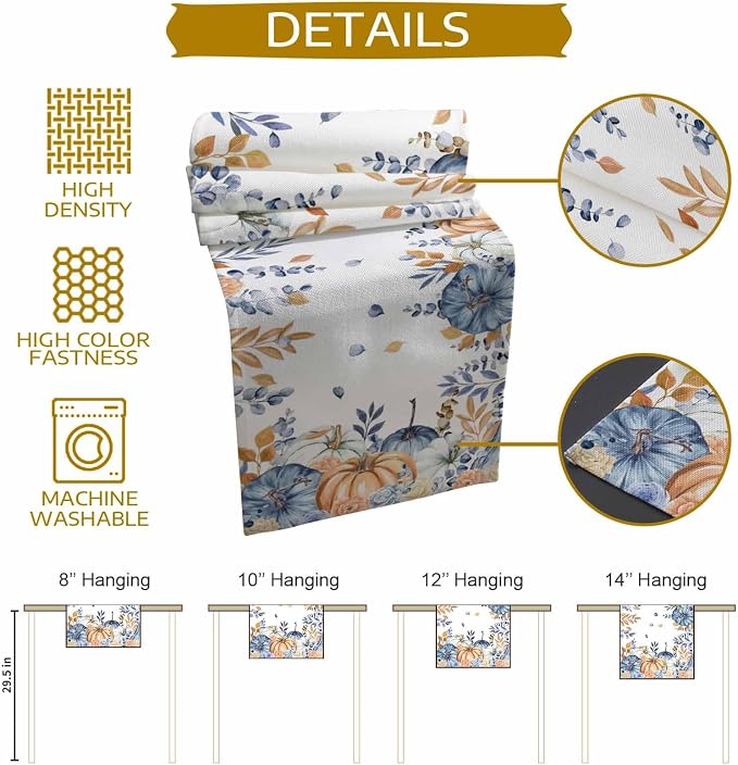 Blue Pumpkin Fall Table Runner 108 Inches Long, Thanksgiving Floral Eucalyptus - Image 8