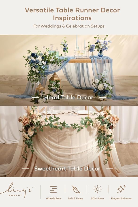 Ling's Moment 14Ft Dusty Blue Table Runner, Wedding Chiffon Table Runners | - Image 5