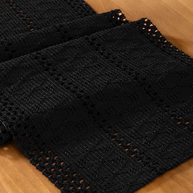 Black Boho Table Runner Farmhouse Macrame Woven Table Runner 12x36 Inch | Small - Image 2
