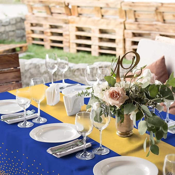 12Pack Disposable Plastic Tablecloths and Satin Table Runner Set Blue and Gold - Image 4