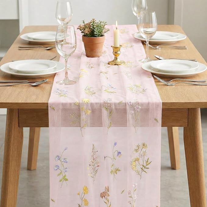 Artoid Mode 3PC Wildflower Floral Light Pink Gauze Embroidery Table Runner 120 - Image 3