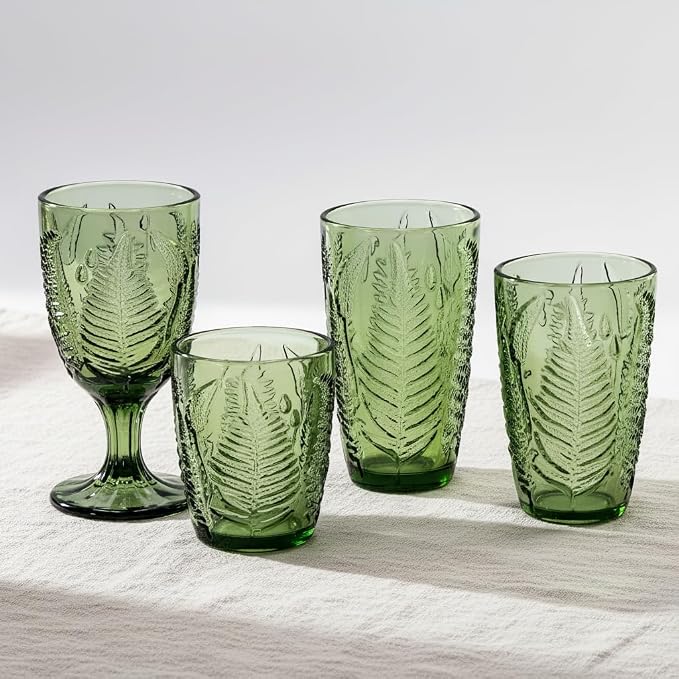 Green Drinking Glasses Set of 4, 16 oz Glass Cups, Vintage Fern Glassware | - Image 9