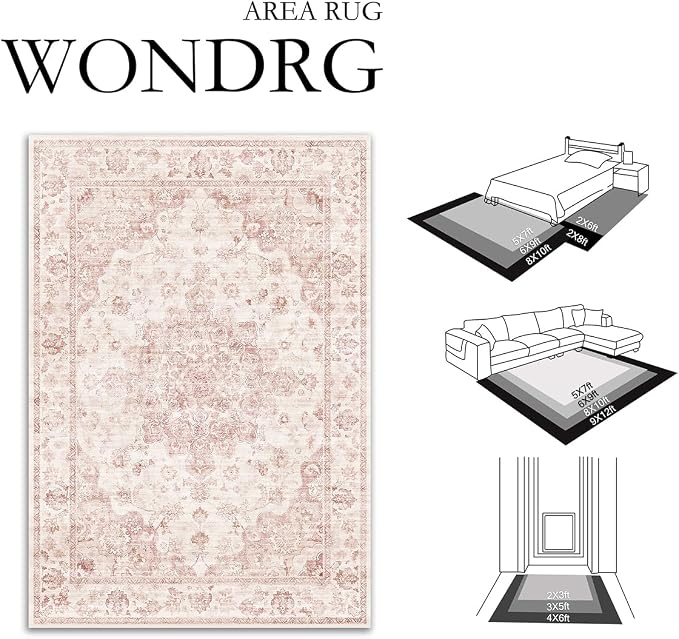 4x5 Washable Neutral Area Rug Pink Vintage Entryway Office Carpet Non-Slip Soft - Image 2