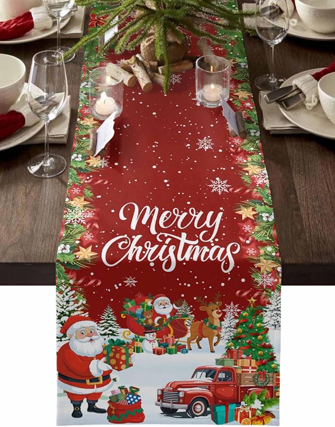 Merry Christmas Table Runner 36 Inches Long, Santa Xmas Tree Snowflake Table by Unknown