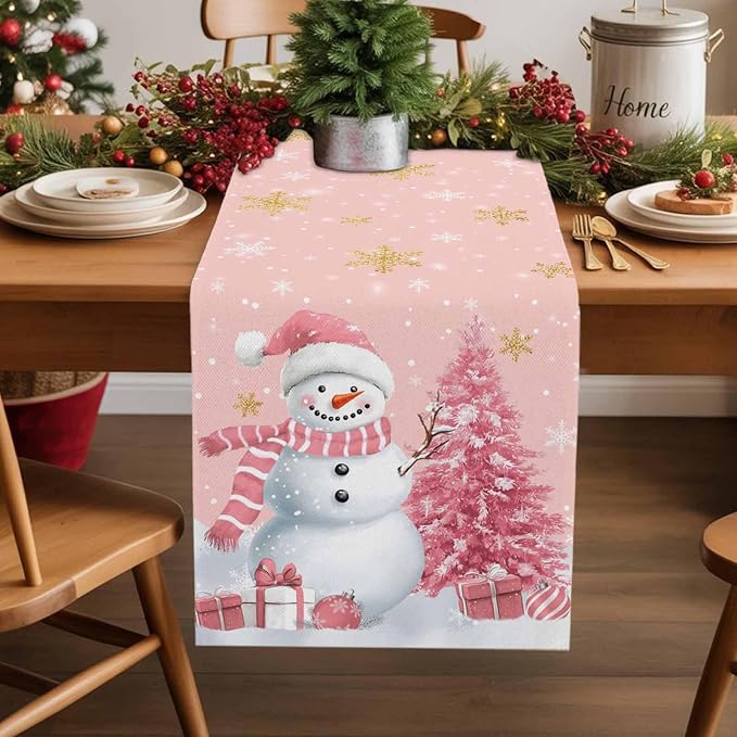 Pink Christmas Snowman Table Runners 120 Inches Long, Cotton Linen Fabric - Image 5