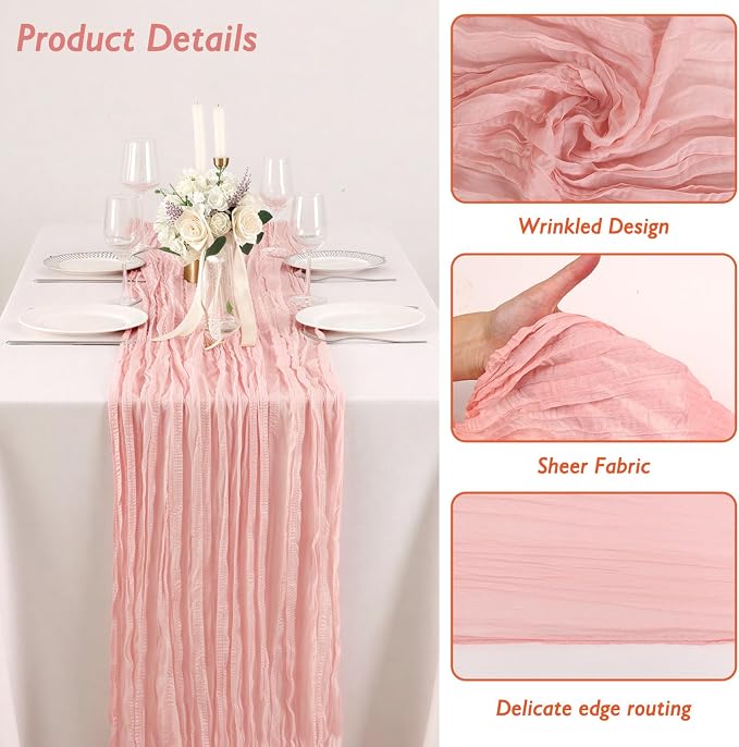 3 Pack Peach Pink Cheesecloth Table Runner 120 Inch Boho Wedding Decor | - Image 3