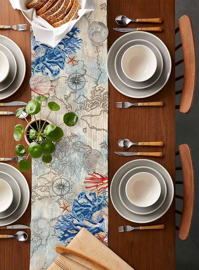 Navy Blue Coral Table Runners 72 Inches Long, Vintage Coastal Nautical Table - Image 5