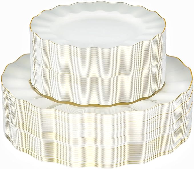 72PCS Ivory White Plastic Plates, Wavy Plates by QualQuot