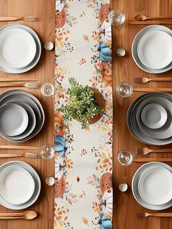 Orange Blue Pumpkin Fall Table Runner 36 Inches Long, Thanksgiving Eucalyptus - Image 7