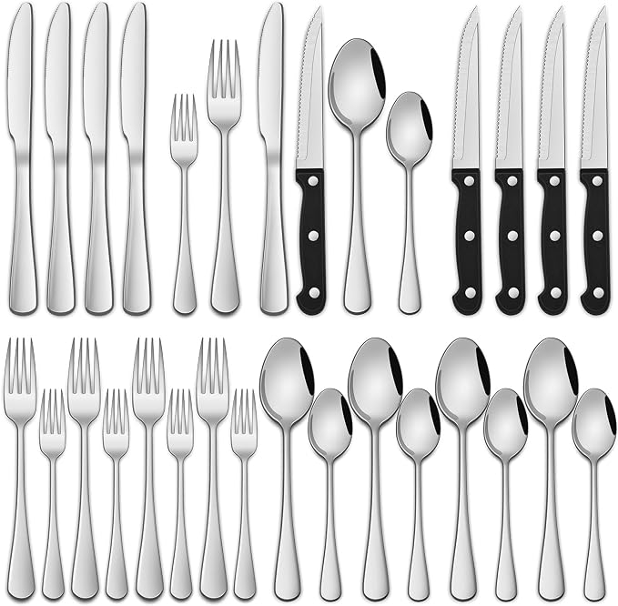 24-Piece Silverware Set with Steak Knives, Flatware Set Service by DEHOVKitchen