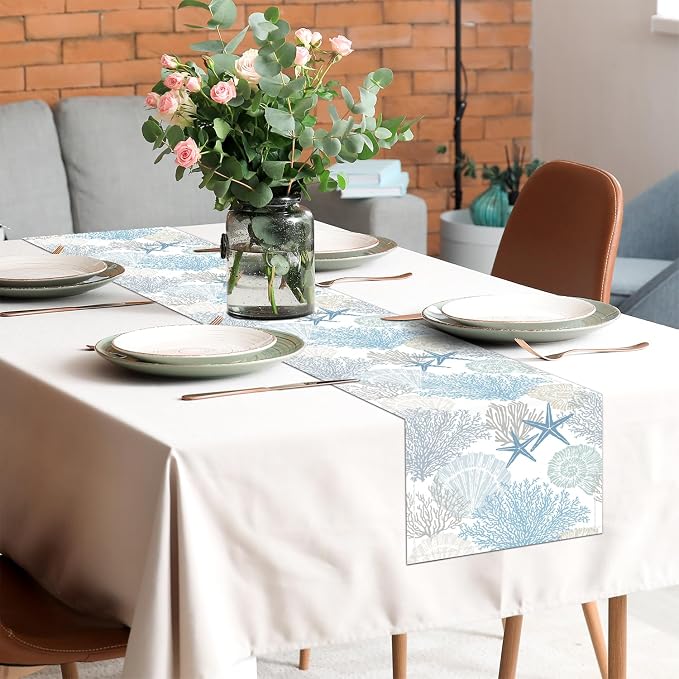 Linen Coastal Table Runner 13x71 Inch Blue Teal Summer Beach Nautical Table - Image 4
