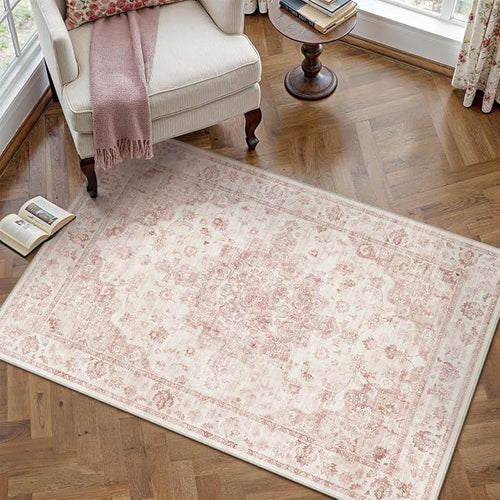 3x5 Washable Neutral Area Rug Pink Vintage Entryway Office Carpet Non-Slip Soft by WondRg
