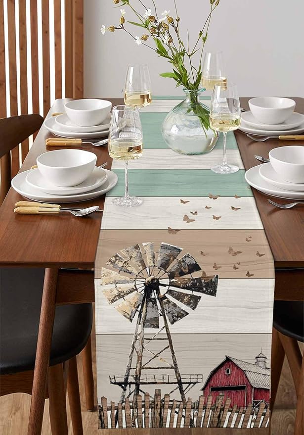 Farmhouse Windmill Table Runners 70 Inches Long, Cotton Linen Fabric Table - Image 2