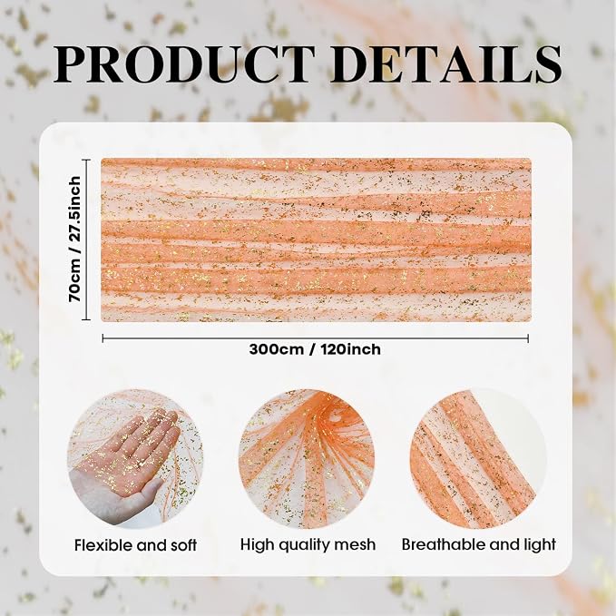 Artoid Mode Orange Gold Gauze Table Runner 120 Inch 10FT, Glitter Metallic Foil - Image 5