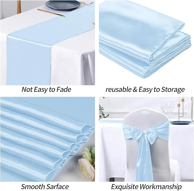 SiinvdaBZX 24 Pcs Light Blue Satin Table Runner 12 x 108 inches Long | Bright - Image 5