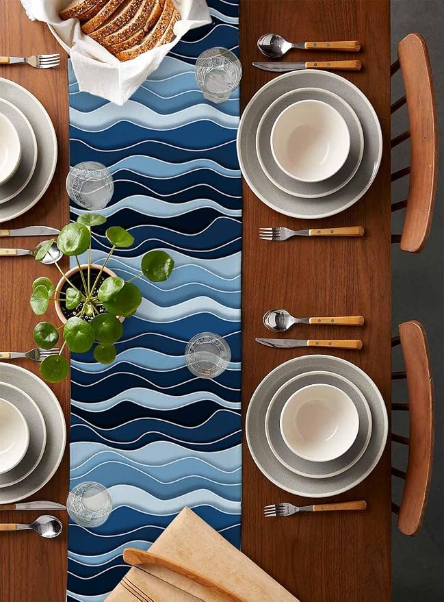 Abstract Blue Moire Table Runners 70 Inches Long, Cotton Linen Fabric Table - Image 5