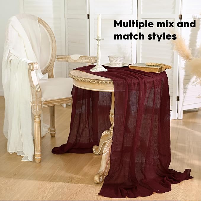 Artoid Mode 3PC Boho Cheesecloth Gauze Burgundy Wedding Table Runner, 120 Inch - Image 4