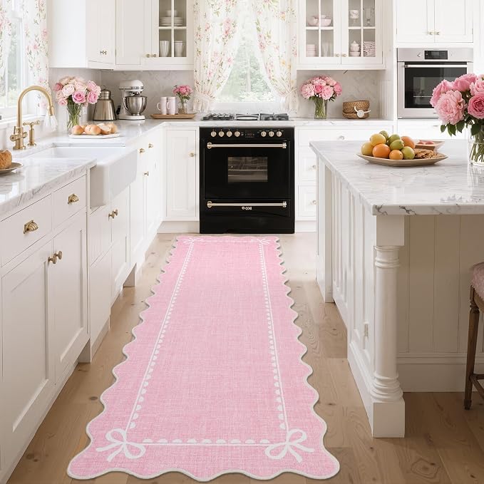 GarveeHome Scalloped Bow Rug for Living Room, Solid Pink Rug for Dorm, Washable - Image 3