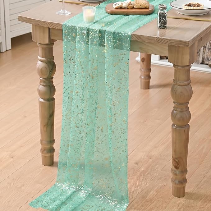 Artoid Mode Turquoise Gauze Gold Table Runner 10FT, Glitter Metallic Foil Sheer - Image 6