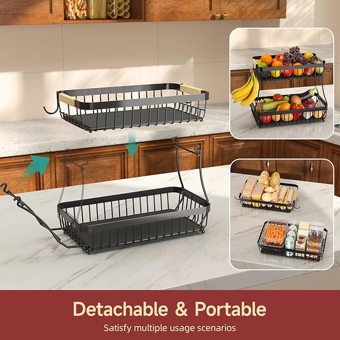 2-Tier Fruit Basket with Banana Hangers, Detachable Metal Bowl | Wooden handle - Image 3