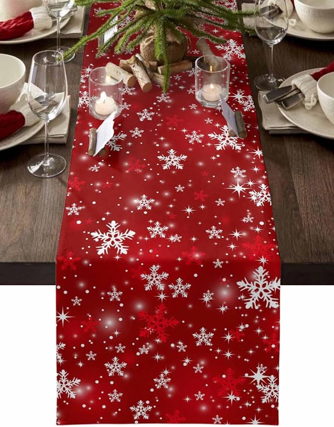 Red Christmas Table Runners 70 Inches Long, Cotton Linen Fabric Snowflake Table by Edwiinsa