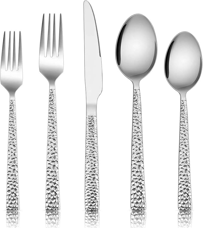 E-far Hammered Silverware Set for 8, Cutlery Set for Home, Mirror Polished & by E-far