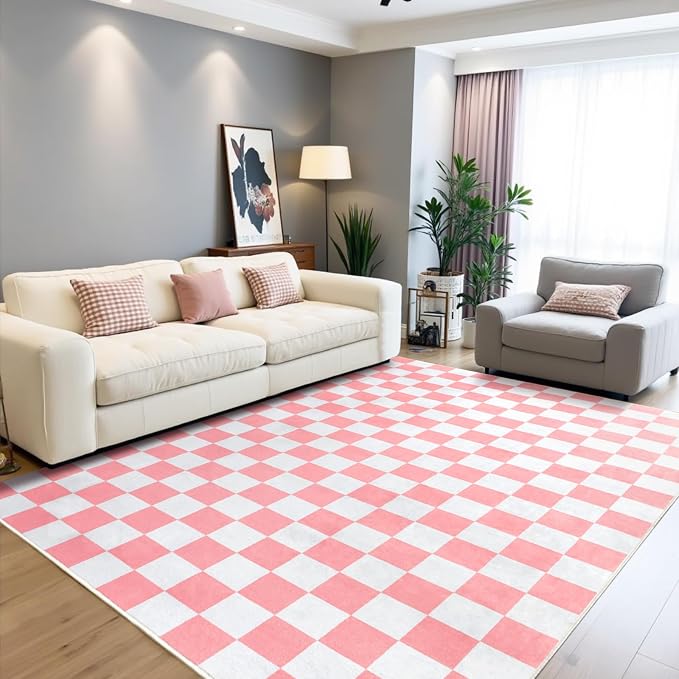 Terrug Pink and White Checkered Rug - Image 4