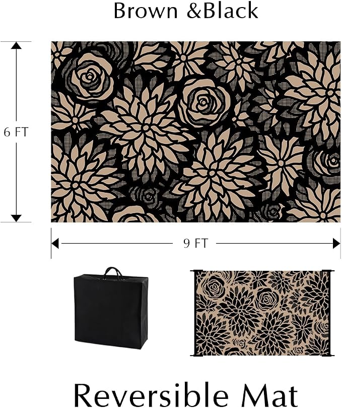 Outdoor Plastic Straw Rug Waterproof Patio 6x9 Black Brown Floral Mat - Image 2