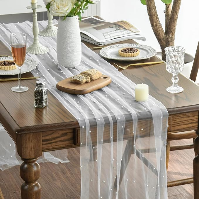 Artoid Mode 6PCS Pearl Gauze Table Runner 120 Inch 10FT, Seasonal Sheer Dining - Image 3