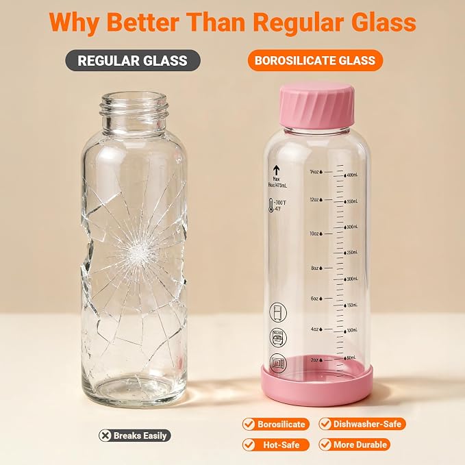 16 oz Glass Juice Bottles 4 Pack, Leakproof Borosilicate Glass Bottles | - Image 2