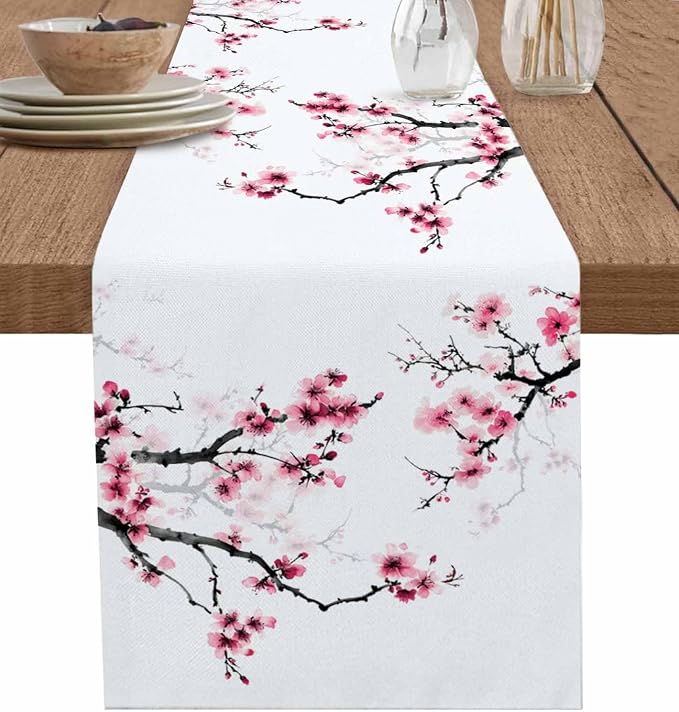 Pink Cherry Flowers Table Runners 108 Inches Long, Cotton Linen Fabric Table by Edwiinsa