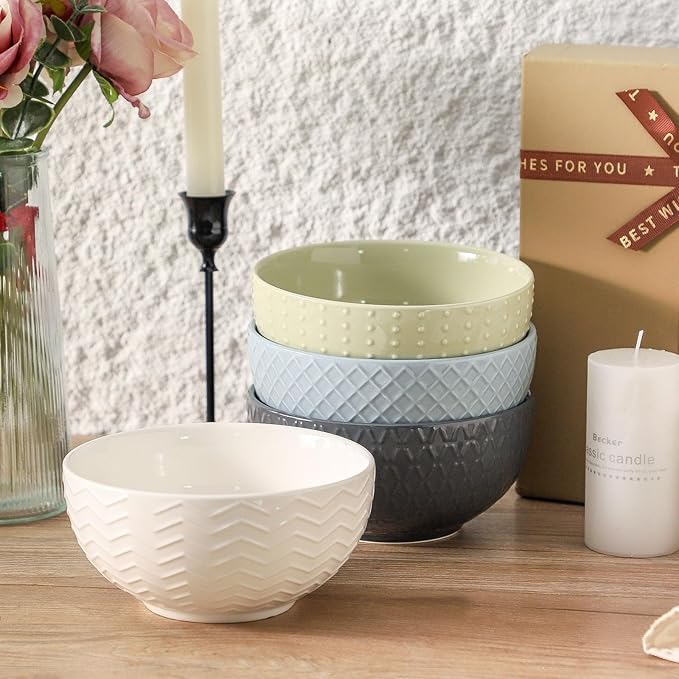 HASENSE Ceramic Cereal Bowls Set of 4, 26 OZ Soup Bowls, Embossed Stoneware - Image 5