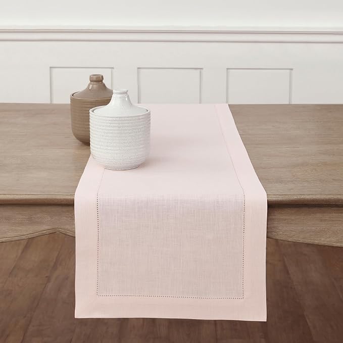 Solino Home 100% Pure Linen Dining Table Runner Pink Hemstitch, 14 x 132 in | by SolinoHome
