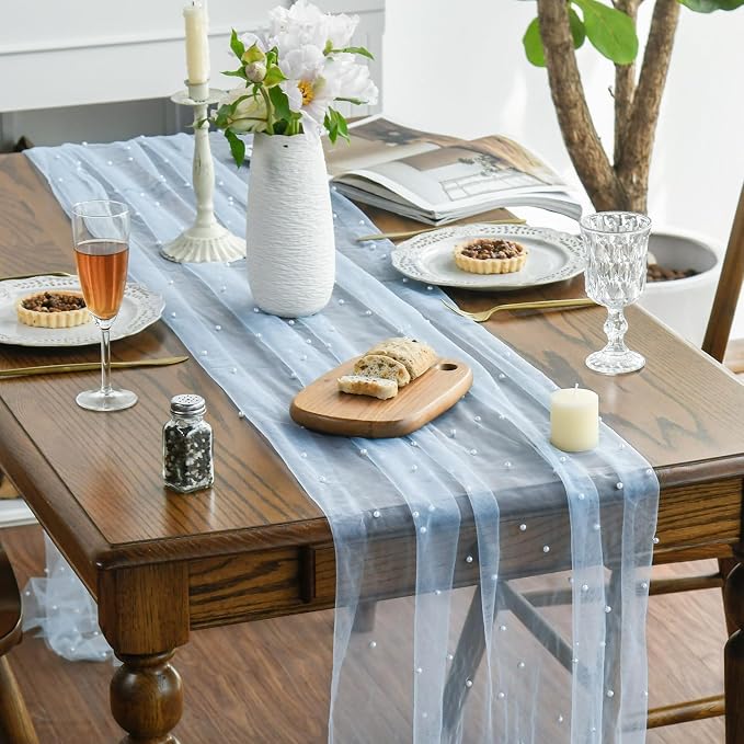 Artoid Mode 10PCS Pearl Blue Gauze Table Runner 120 Inch 10FT, Seasonal Sheer - Image 2