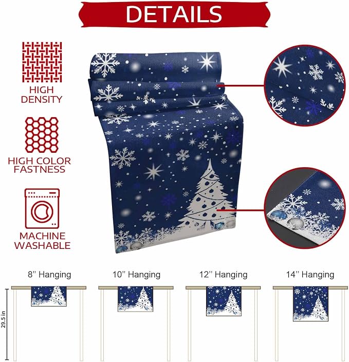 Navy Blue Christmas Tree Table Runner 120 Inches Long, Xmas Balls Snowflake - Image 7
