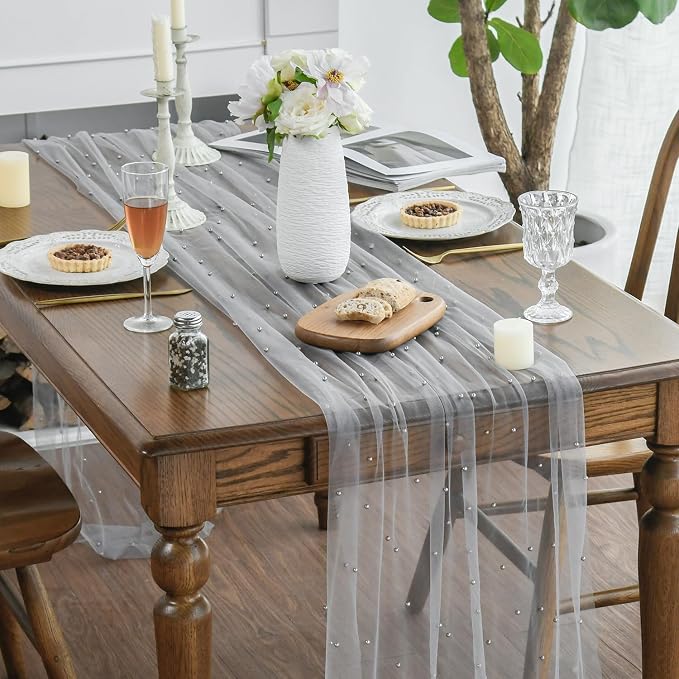 Artoid Mode Pearl Grey Gauze Table Runner 59x120 Inch, Seasonal Sheer Kitchen - Image 6