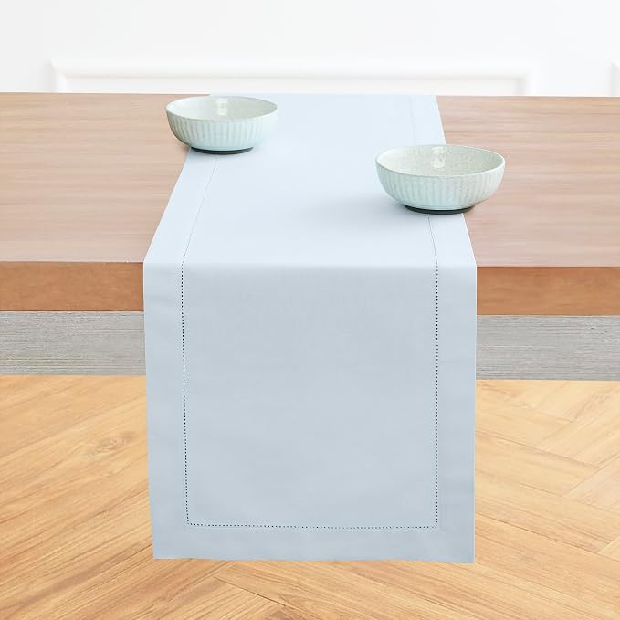 Solino Home Cotton Linen Table Runner Blue, Hemstitch Collection 14 x 90 in | by SolinoHome