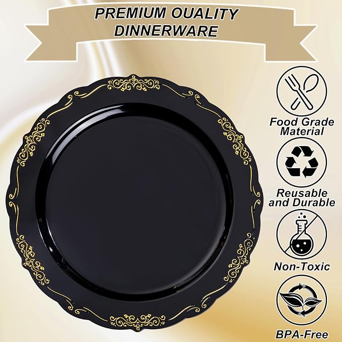 U-QE 100PCS Black and Gold Plastic Plates - Image 5