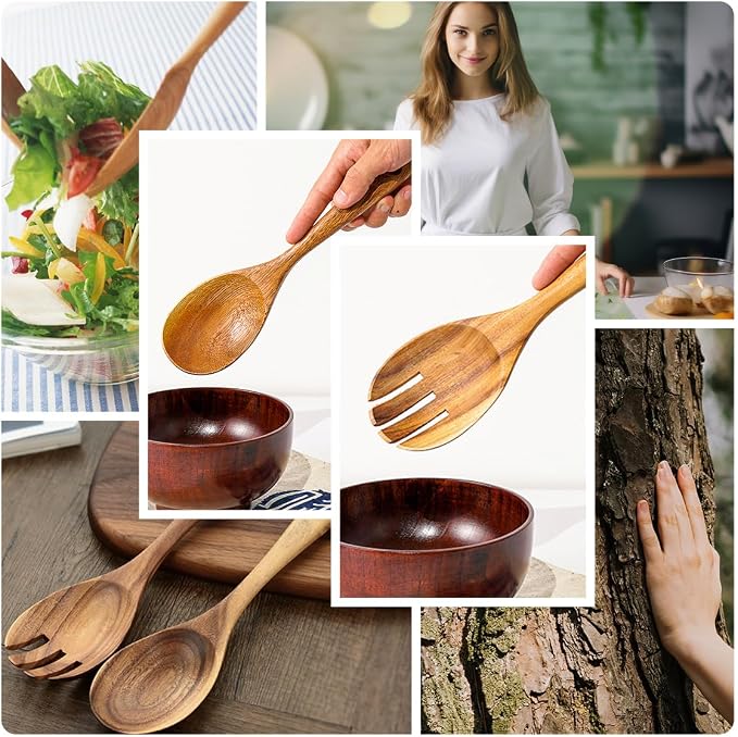 Teak Wooden Spoons 10.2-Inch Pack of 2, Salad Serving Spoons, Wooden Salad Spoon - Image 3