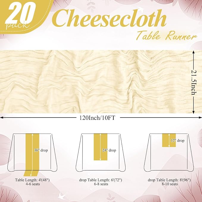 20 Pack Ivory Cheesecloth Table Runner 10FT Long Boho Gauze Fabric Table Runner - Image 2